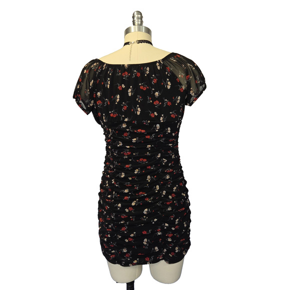 Vintage Y2K Black Floral Milkmaid Mini Dress Size S Mesh Goth 90s Style Grunge - Picture 5 of 7